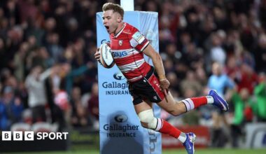 Charlie Atkinson, of Gloucester, dives over the line to score the winning try against Sale Sharks