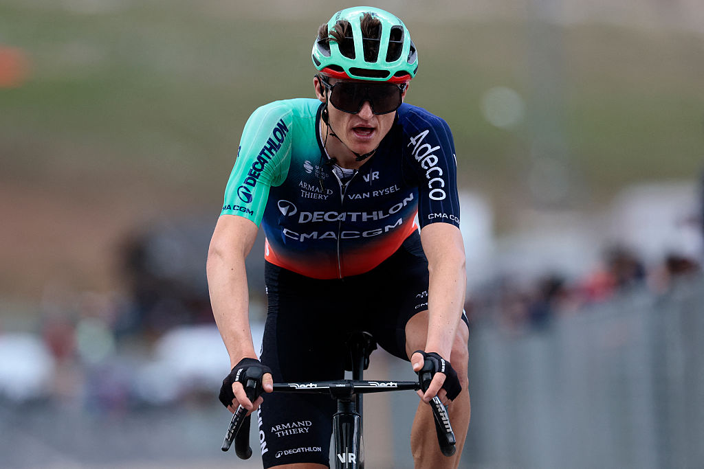 Decathlon CMA CGM Team Austrian rider Felix Gall crosses the finish line of the 7th stage of the Giro d'Italia 2026 - Tour of Italy cycling race between Formia and Blockhaus, Italy, on May 15, 2026. (Photo by Luca Bettini / AFP via Getty Images)
