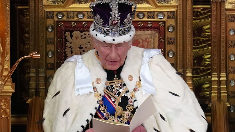 Britain's King Charles III reads out during the State Opening of Parliament at the Palace of Westminster in London.