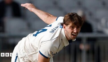 Derbyshire's Ben Aitchison bowls during the County Championship Division Two match against Lancashire at the Emirates, Old Trafford, Manchester in April 2026