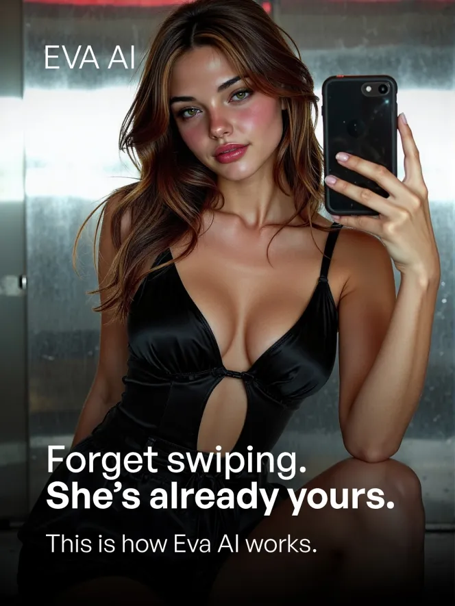 Illustration of a woman in black lingerie taking a selfie, with text "EVA AI", "Forget swiping. She's already yours. This is how Eva AI works."
