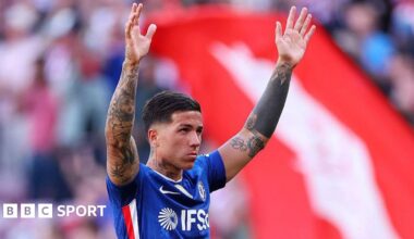 Enzo Fernandez appearing to wave goodbye to Chelsea supporters after defeat at Sunderland