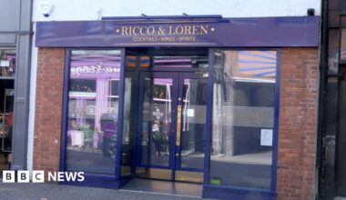 A purple shop front with "Ricco & Loren - cocktails, wines, sprits" written in gold lettering on a fascia board above the doors.