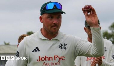 Liam Patterson-White leaves the outfield with the ball after taking five wickets against Leicestershire