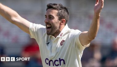 Ben Sanderson celebrates taking wicket