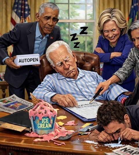Trump’s latest post features an AI image of Joe Biden asleep at his Oval Office desk while former Barack Obama holds an autopen, an aide forges Biden’s signature, and Hillary Clinton looks on while Hunter Biden does drugs