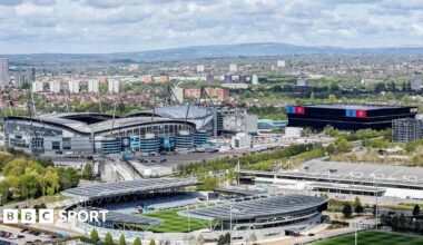 Aerial shot of Joie Stadium, with Etihad Stadium in the background