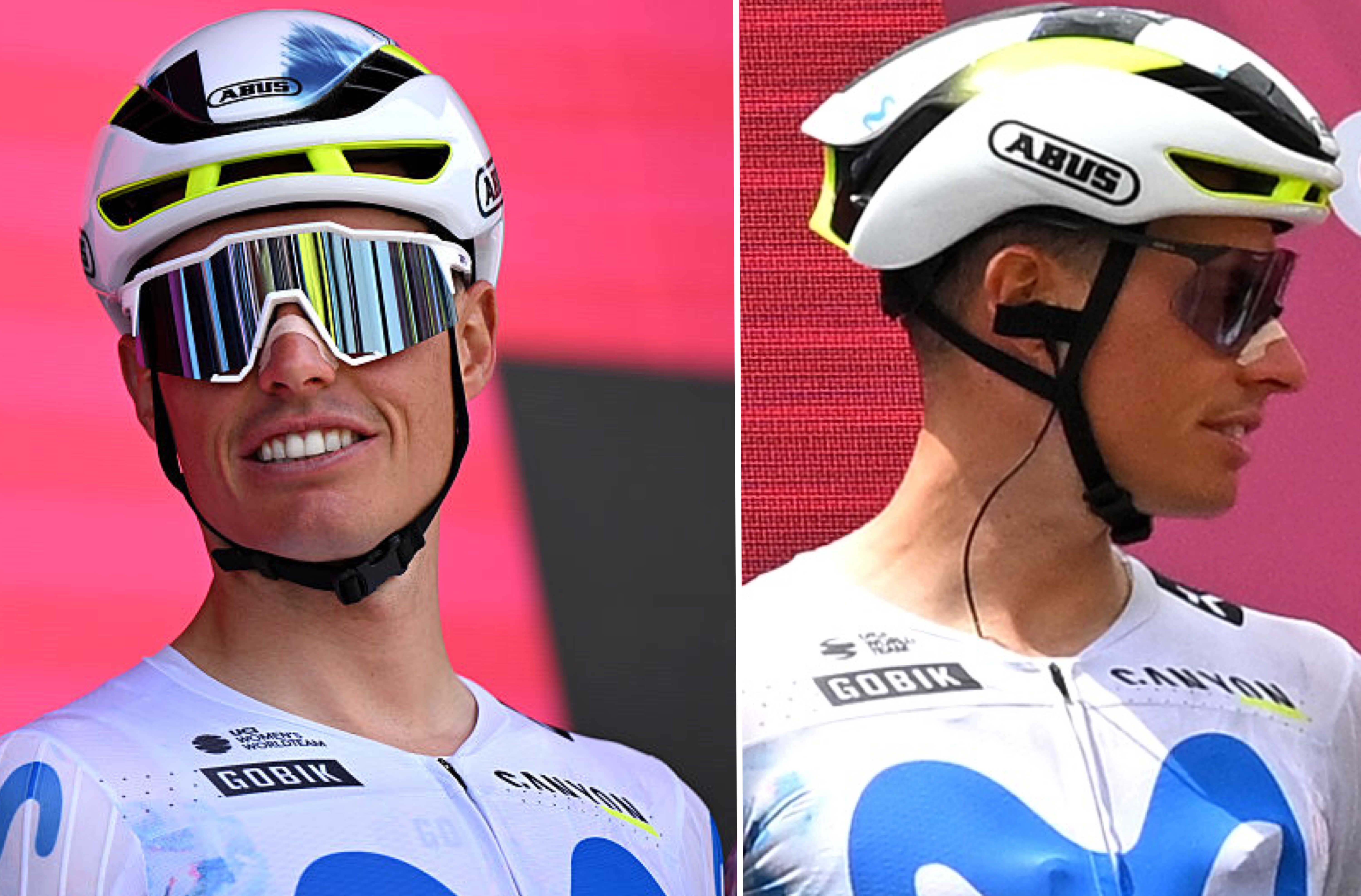 A split image showing Enric Mas ahead of stage 1 of the Giro d'Italia on the left, and ahead of stage 6 of the Giro on the right