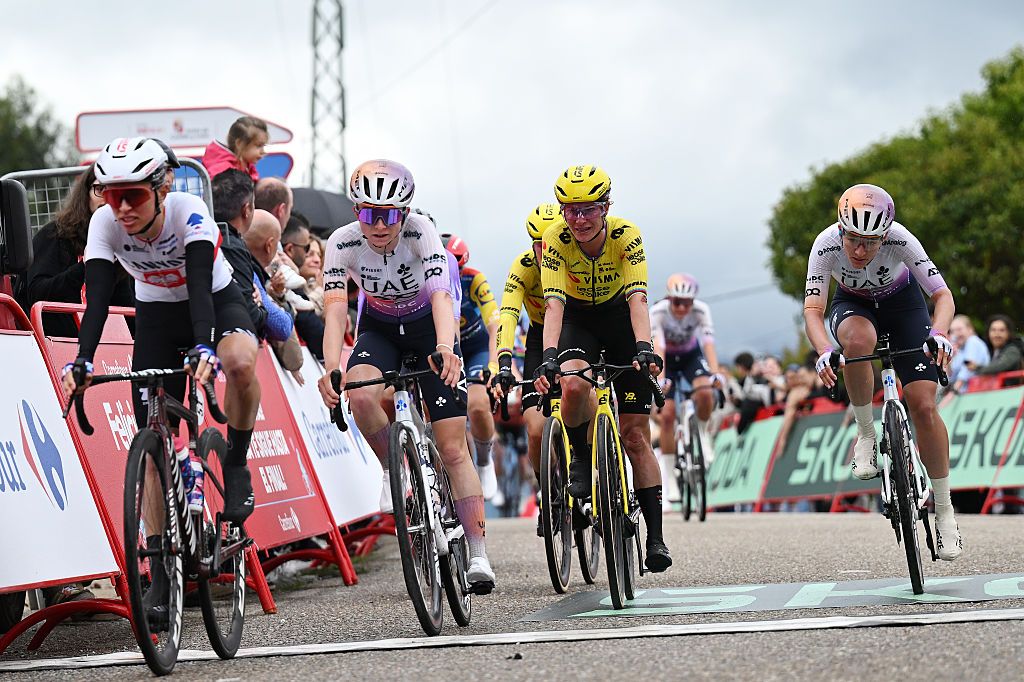 Marianne Vos (Visma-Lease a Bike) crosses the line in seventh place at the end of stage 1 of the 2026 Vuelta Femenina 2026. (Photo by Szymon Gruchalski/Getty Images)
