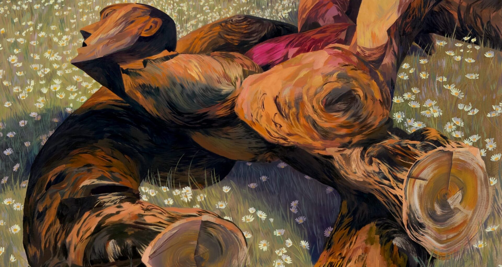 a painting of a nude man and tree hybrid in a meadow by J Carino