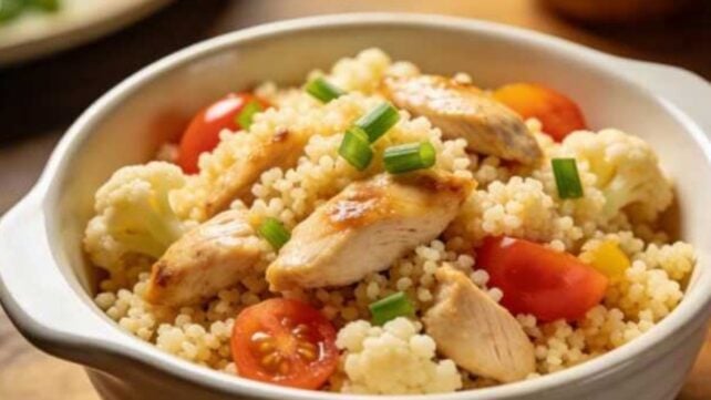 cauliflower chicken couscous with tomatoes and green onions