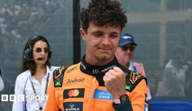 McLaren's Lando Norris clenches his fist in celebration after winning the Miami Grand Prix sprint race