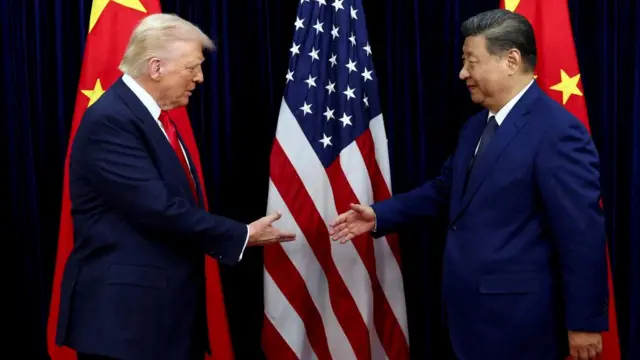 Donald Trump shakes hands with Chinese President Xi Jinping as they hold a bilateral meeting at Gimhae International Airport, on the sidelines of the Asia-Pacific Economic Cooperation (APEC) summit, in Busan, South Korea, October 30, 2025.