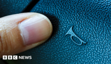 A close-up of someone's thumb on the dashboard button used to sound the horn. The black plastic button, which has a faux-leather pattern, has the symbol of a trumpet-like horn on it.