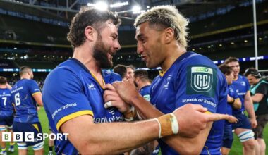 Robbie Henshaw and Rieko Ioane celebrate after the match