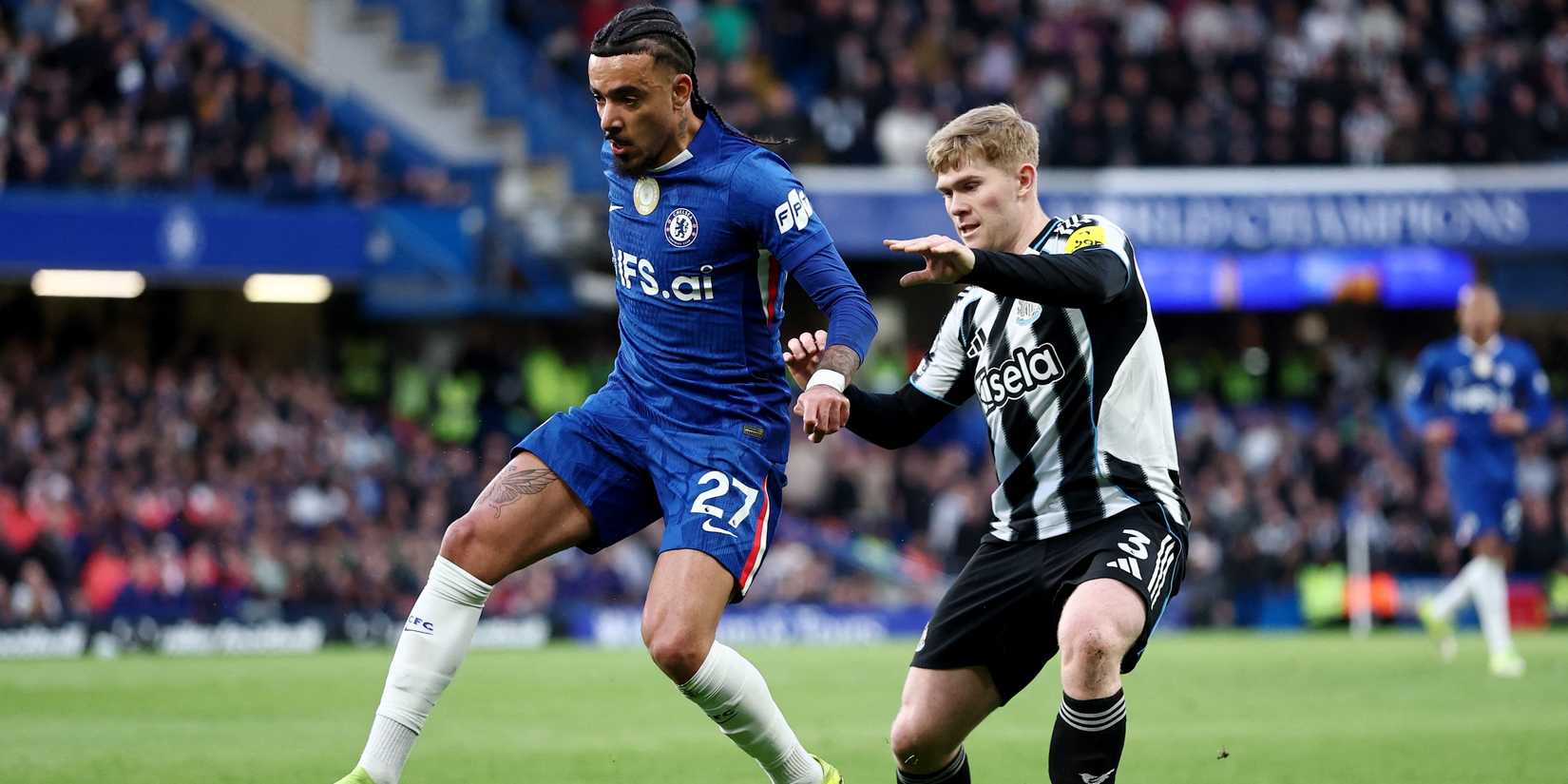 Chelsea's Malo Gusto in action with Newcastle United's Lewis Hall