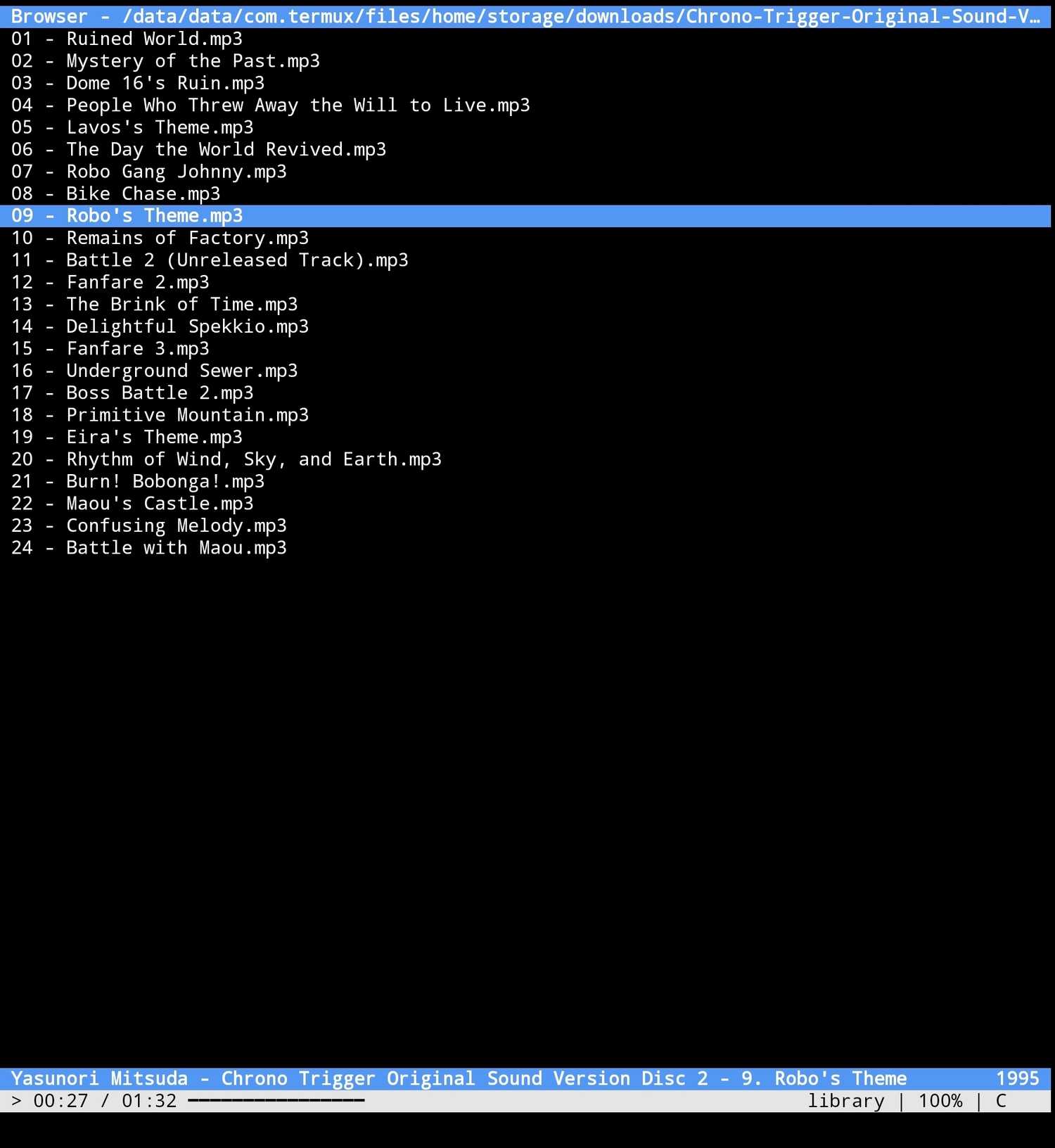 The interface showing playback in the CMUS Linux app on Termux