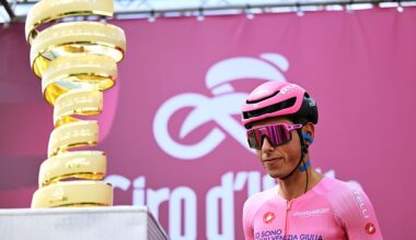 Afonso Eulalio at sign-on behind the Giro trophy