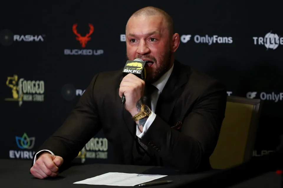 MIAMI, FLORIDA - MARCH 27: Conor McGregor interacts with media after BKFC 70 Hollywood at Hard Rock Live in Seminole Hard Rock Hotel & Casino on March 27, 2025 in Hollywood, Florida. (Photo by Leonardo Fernandez/Getty Images)