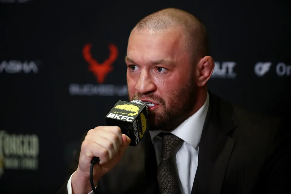 Conor McGregor interacts with media after BKFC 70 Hollywood at Hard Rock Live in Seminole Hard Rock Hotel & Casino on March 27, 2025 in Hollywood, Florida