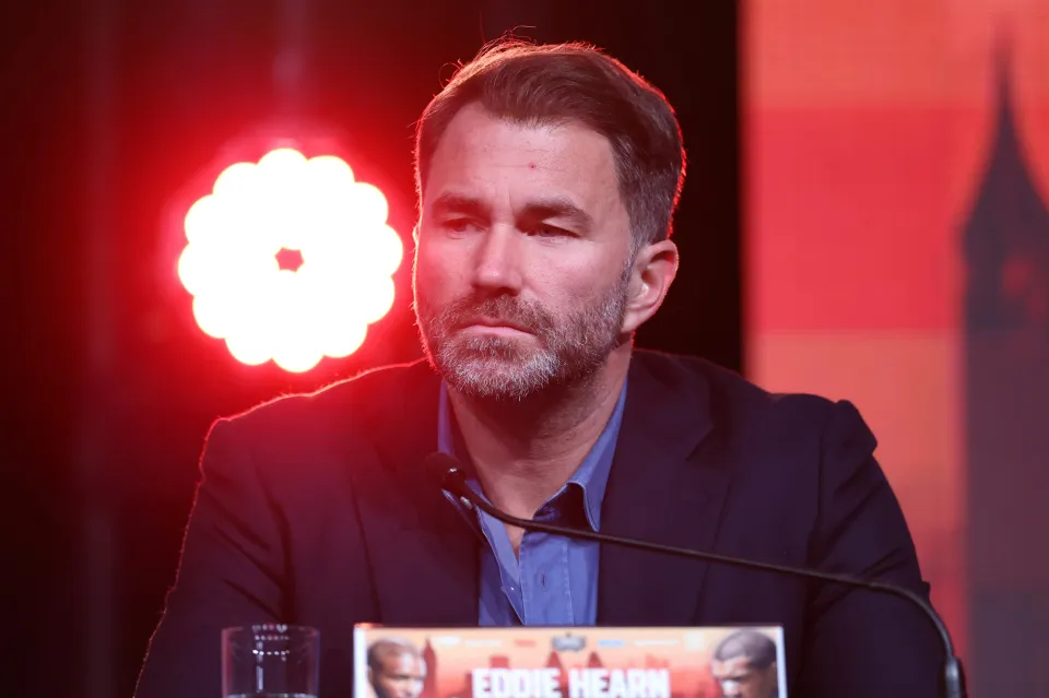MANCHESTER, ENGLAND - FEBRUARY 25: Promoter Eddie Hearn speaks to the media during a press conference ahead of the fight between Chris Eubank Jr and Conor Benn at Manchester Central on February 25, 2025 in Manchester, England. (Photo by Alex Livesey/Getty Images)