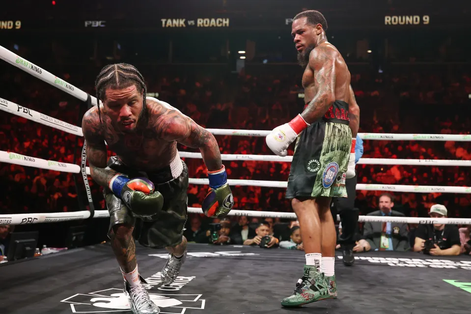 NEW YORK, NEW YORK - MARCH 01: Gervonta Davis takes a knee in the middle of round nine due to the grease in his braids dripped into his eyes against Lamont Roach Jr. during their bout for Davis' WBA lightweight title at Barclays Center on March 01, 2025 in New York City. (Photo by Al Bello/Getty Images)