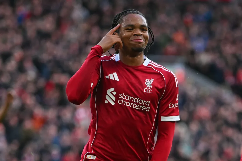 Liverpool winger Rio Ngumoha celebrates his goal against Fulham