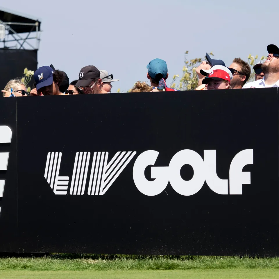 The LIV GOLF logo is pictured during day two of LIV Golf Chicago on Saturday, August 09, 2025