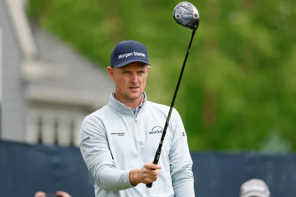 Justin Rose of England prepares to tee off on the 2nd hole during the first round of the 2026 PGA Championship