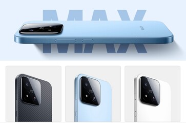 Leaked renders show the Xiaomi 17 Max in carbon fiber, light blue, and white finishes.