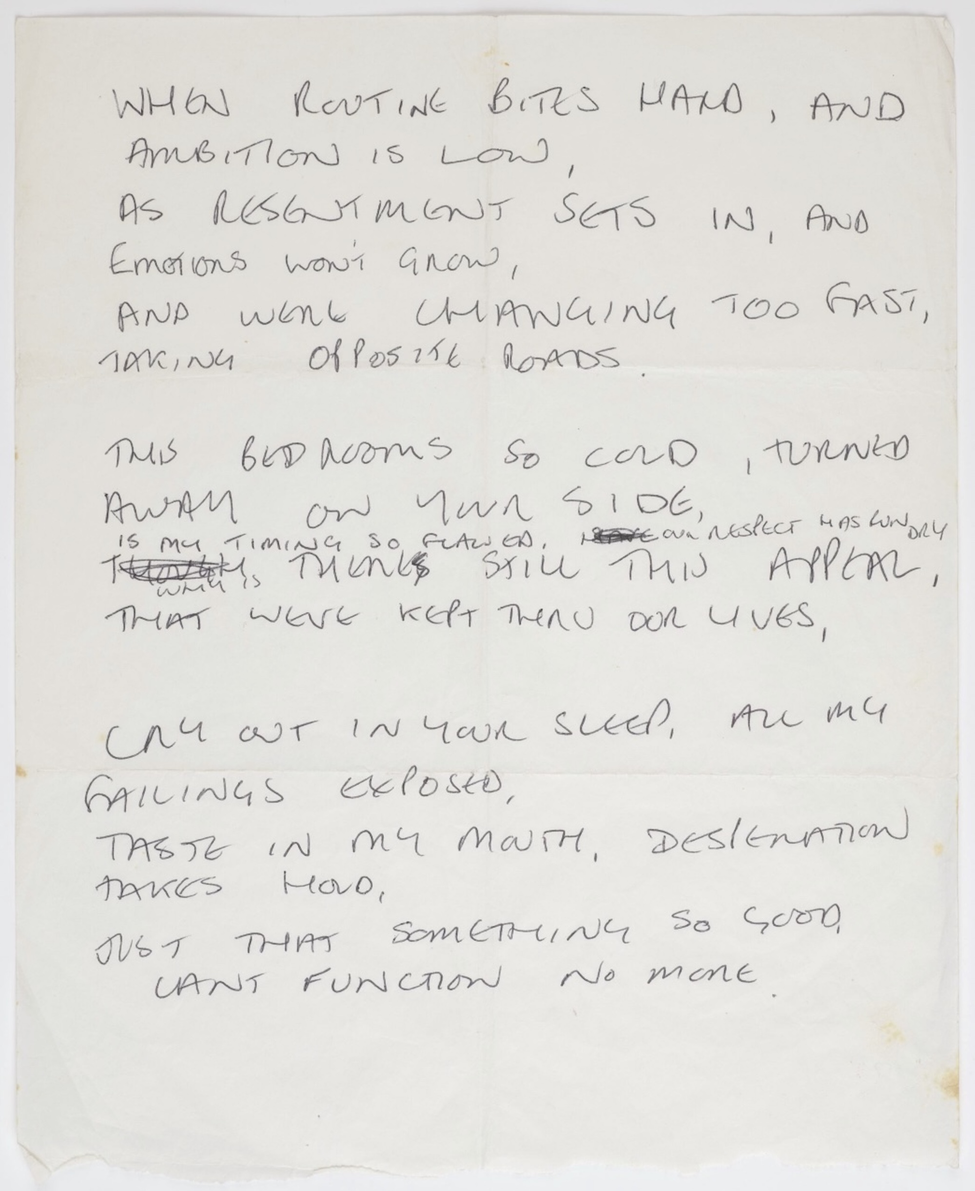Handwritten lyric to 'Love Will Tear UsApart by Joy Division, Ian Curtis, c 1979. Image courtesy The University of Manchester