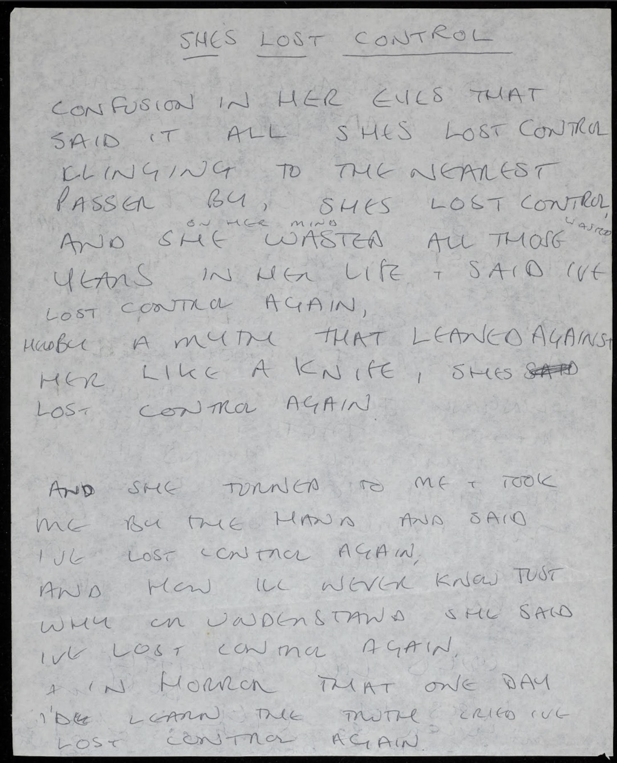 Handwritten lyric to 'She's Lost Control'. CREDIT: The University of Manchester