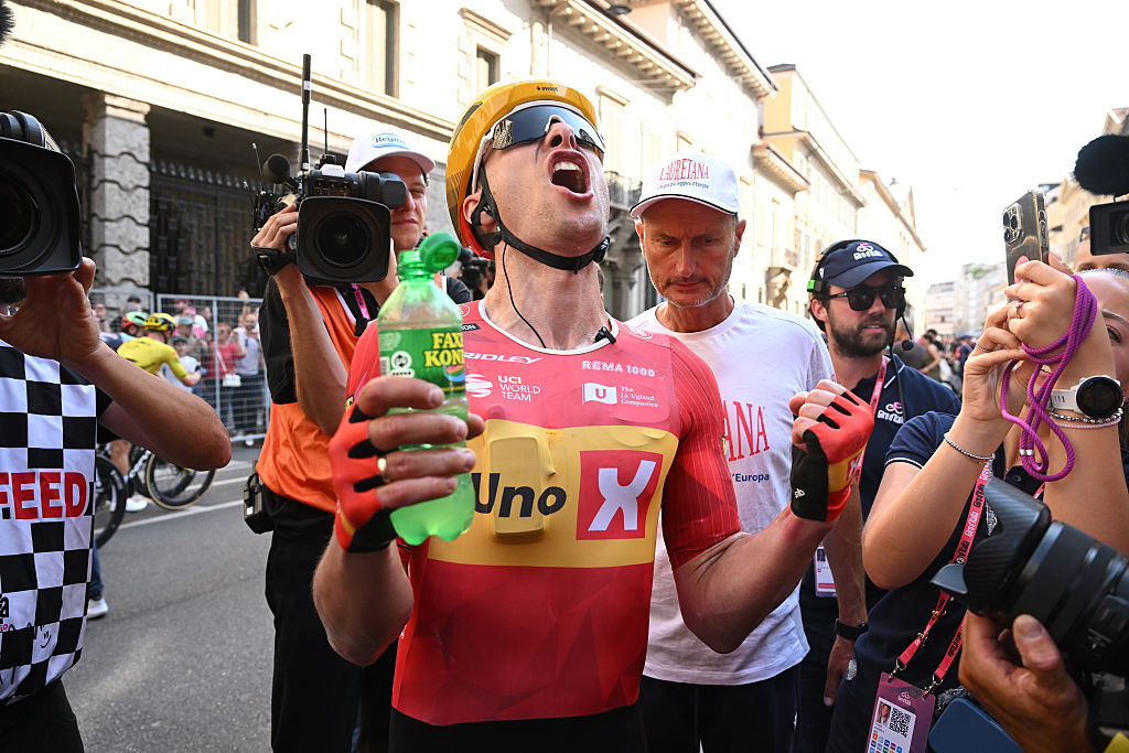MILAN, ITALY - MAY 24: Stage winner Fredrik Dversnes Lavik of Norway and Team Uno-X Mobility reacts after the 109th Giro d&amp;apos;Italia 2026, Stage 15 a 157km stage from Voghera to Milan / #UCIWT / on May 24, 2026 in Milan, Italy. (Photo by Dario Belingheri/Getty Images)