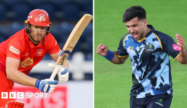 Jimmy Neesham (L) batting and Fazalhaq Farooqi celebrating