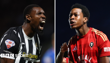 Split image of Notts County's Lee Ndlovu celebrating victory (left) and Salford's Kallum Cesay celebrating a goal