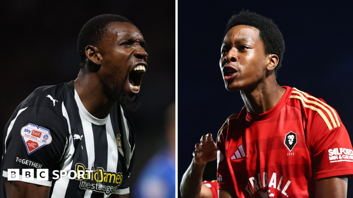 Split image of Notts County's Lee Ndlovu celebrating victory (left) and Salford's Kallum Cesay celebrating a goal