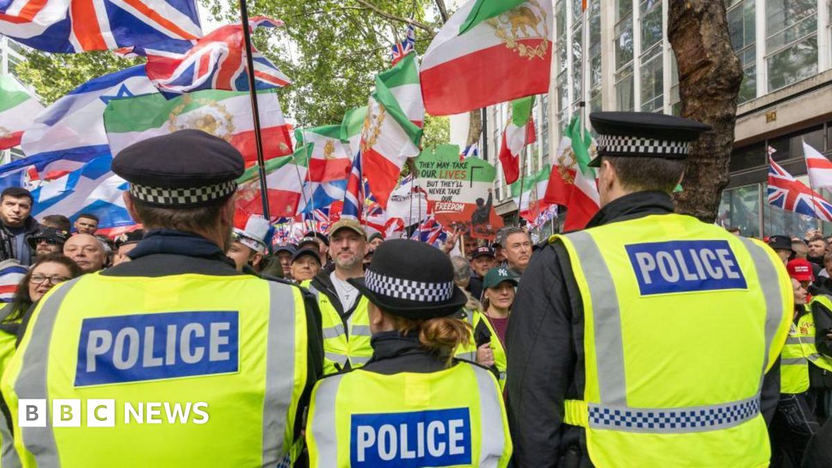 Rear view of three police officers with crowd waving a selection of flags before them