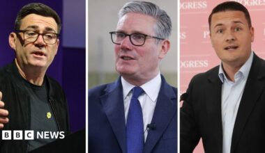 Composite image of Andy Burnham, Keir Starmer and Wes Streeting, all of whom are speaking while addressing audiences.