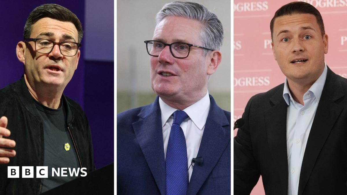 Composite image of Andy Burnham, Keir Starmer and Wes Streeting, all of whom are speaking while addressing audiences.