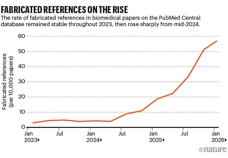 Fabricated references on the rise. Line chart showing the number of fabricated references in biomedical papers on the PubMed Central database in the last three years. The rate of fabricated references remained stable throughout 2023, then rose sharply from mid-2024.