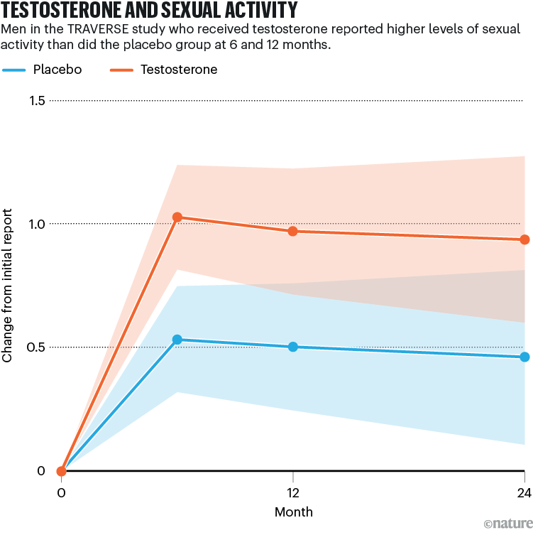 TESTOSTERONE AND SEXUAL ACTIVITY: The testosterone group increases in sexual activity by six months and stays higher through 24 months, while the placebo group shows a more modest rise.
