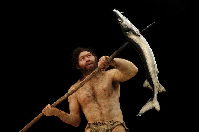 A realistic model of Peking man spearing a fish.