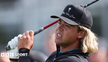 Garrick Higgo looks anxious as he tees off at the 2026 US PGA Championship
