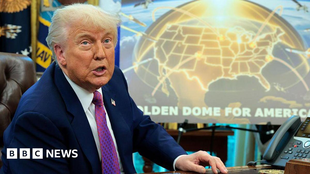 Donald Trump in the Oval Office in front of a Golden Dome poster