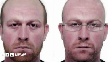 Two images of fugitive Kevin Parle released by police. One shows how he could look now after years on the run. The same man is older and wearing glasses in the second photograph.