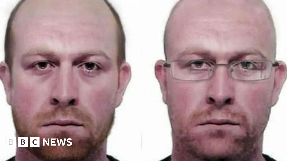 Two images of fugitive Kevin Parle released by police. One shows how he could look now after years on the run. The same man is older and wearing glasses in the second photograph.