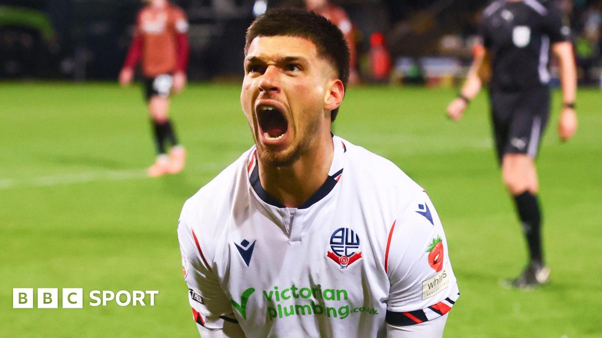 Xavier Simons celebrates scoring for Bolton Wanderers against Bradford City in Thursday's League One play-off semi-final second leg at Valley Parade