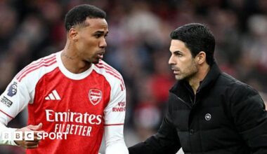 Arsenal manager Mikel Arteta talks to defender Gabriel