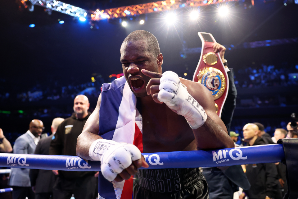 Daniel Dubois celebrates victory following the WBO World Heavyweight Title fight between Fabio Wardley and Daniel Dubois as part of the Wardley v Dubois Don't Blink fight card at Co-op Live on May 09, 2026 in Manchester, England