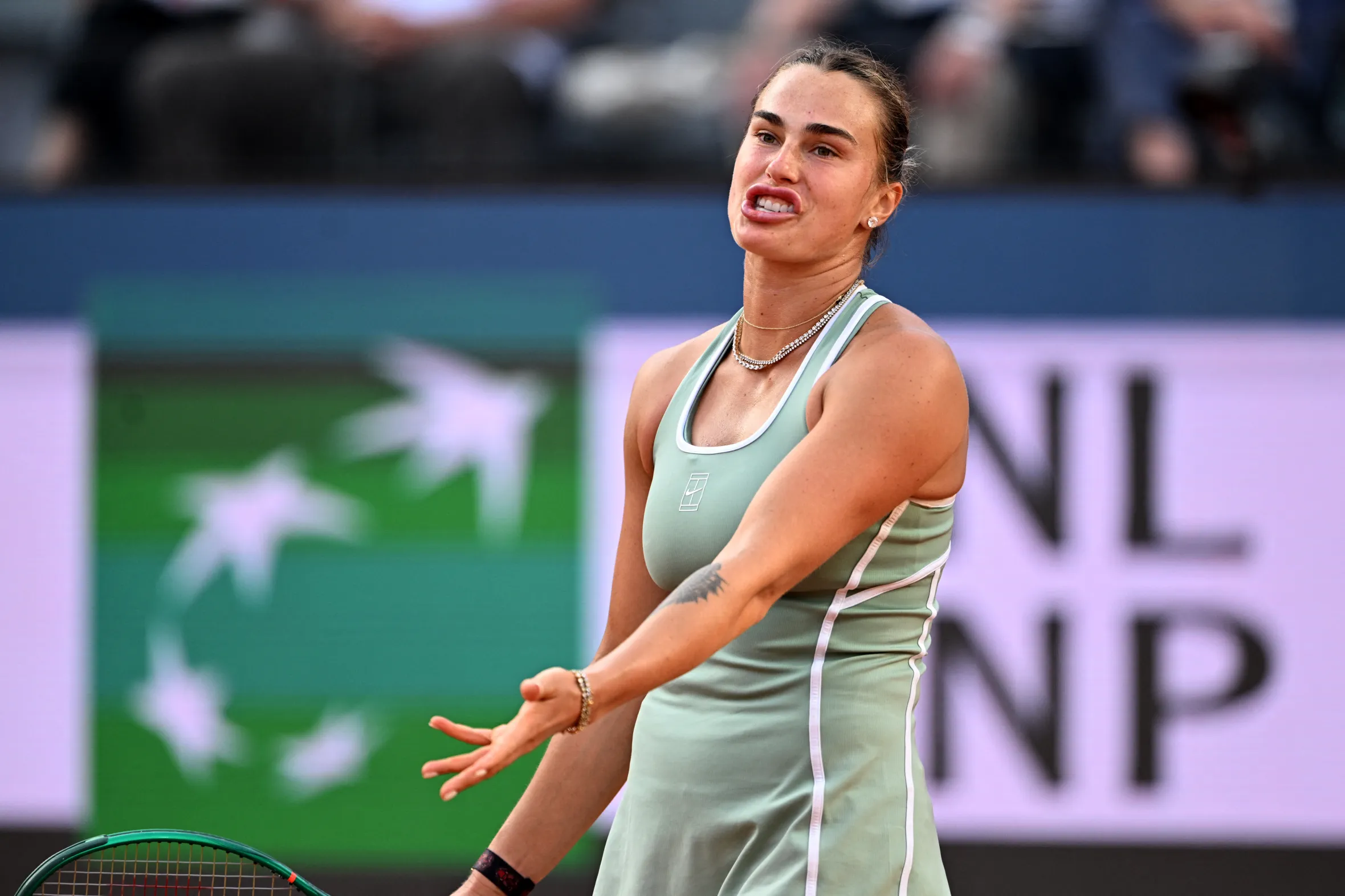 Aryna Sabalenka reacts during her match at the WTA Rome Open.